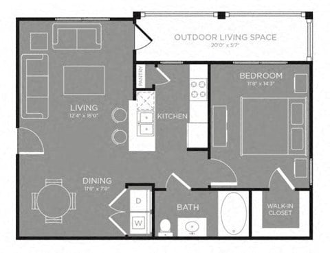 Floor plan for 1 bed, 1 bath, 690 sqft